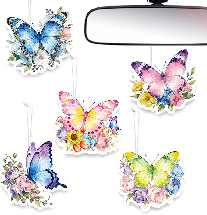 Butterfly Car Air Fresheners,5-Pack Floral Scents Cute Car Accessories,Funny Hanging Ornament Decor for Rearview Mirror,Long-Lasting Fresh Gifts for Women,Girls,Coworkers,Teacher & Nurse