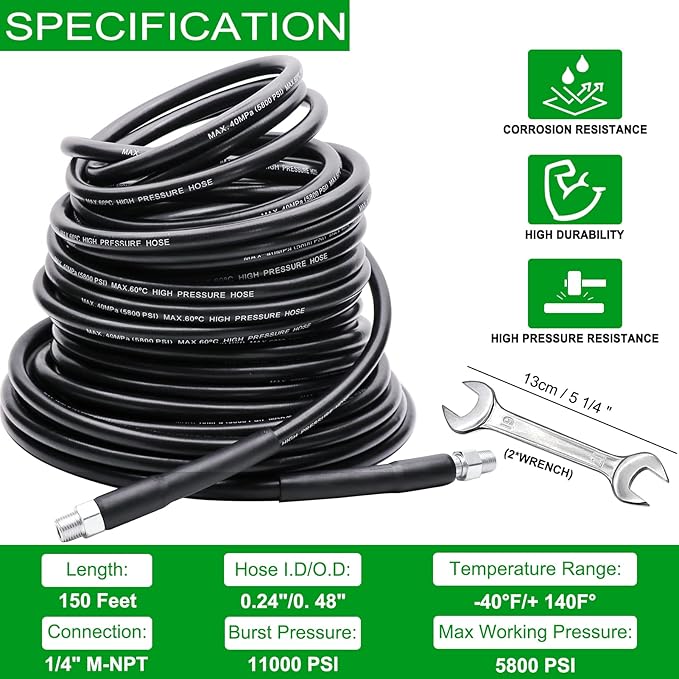West Bay 150FT Sewer Jetter Kit for Pressure Washer, 5800PSI Drain Cleaner Hose 1/4 Inch NPT, Corner, Rotating and Button Nose Sewer Jetting Nozzle Waterproof Tape Pearl Corsage Pin with 2Pcs Spanner