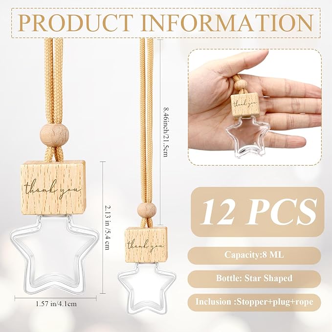 12 Pcs Star Shaped Car Fragrance Diffuser Bottle Bulk - Appreciation Gifts Set Hanging Glass Diffusers with Inspirational Message for Coworker Teacher Staff Thank You Gift (Thank You)