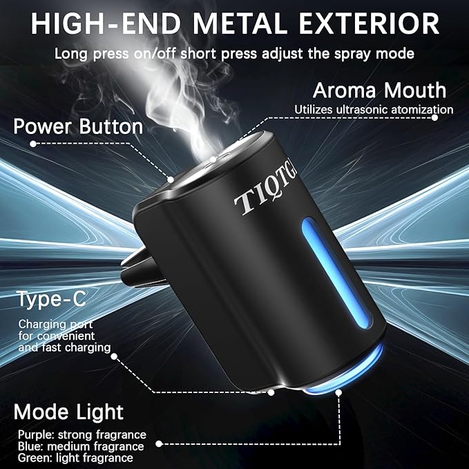Smart Car Air Freshener, Car Air Freshener Diffuser with 3 Adjustable Light Modes, Rechargeable Aromatizante para Carro with 8pcs Essential Oil, Long-Lasting, Black