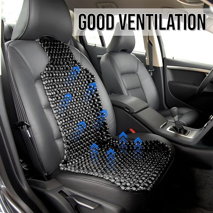 ZONETECH Wood Beaded Seat Cushion, Premium Quality, Black, Car Massaging, Double Strung, Stress Free (1 Pack)