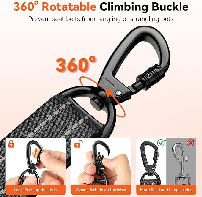 Dog Seat Belt, Dog Car Seat Belt Bungee, Car Harness for Pet with Buckle & Hook Latch, Safety Leash Vehicle, Adjustable Reflective Pet Vehicle Tether, 360° Swivel Lock Clasp, Black