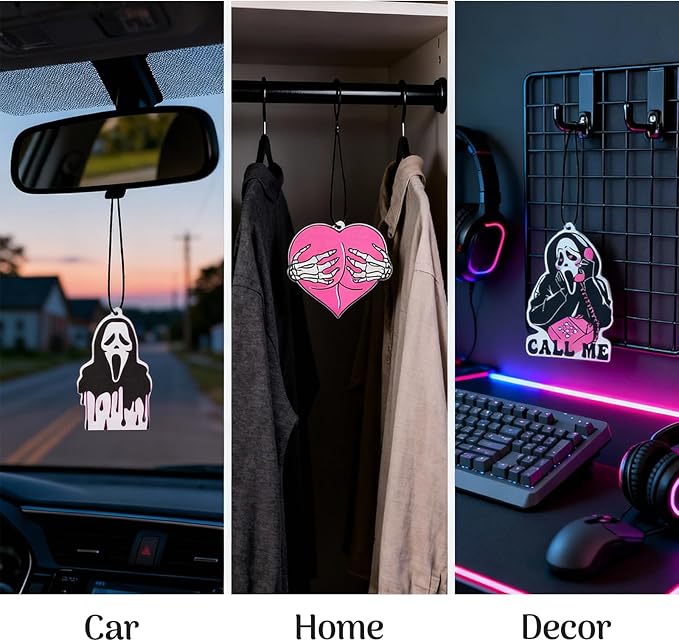 5Pcs Ghost Horror Car Air Fresheners Pink Cute Car Interior Accessories Hanging Scents Anime Freshener Automotive Room Decor for Women Teen Girls Gift