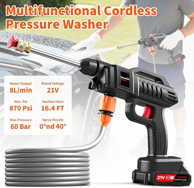 Papasbox Cordless Pressure Washer with Foam Cannon, 60 Bar 1500W High Pressure Washer, 2×2.0Ah Batteries & 5m Hose, Portable Power Washer for Car Cleaning, Home, Garden, and Outdoor Use