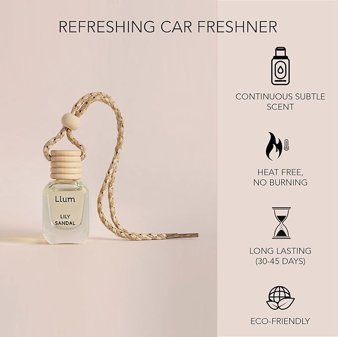 Llum Lily Sandal Hanging Car Air Freshener – Luxury Automotive Perfume Diffuser 10ml (0.34 fl oz), Long-Lasting Fragrance, Alcohol-Free Non-Toxic Car Scent, Glass Bottle With Wood Cap