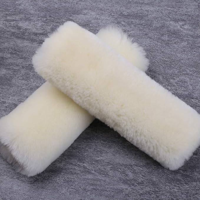 OGLAND 2 Pack Natural Fur Comfort Auto Authentic Sheepskin Car Seat Belt Pads for Adults, Soft Texture Shoulder Neck Cushion Pad Protector, Genuine Australia Merino Wool Cover (Cream White)