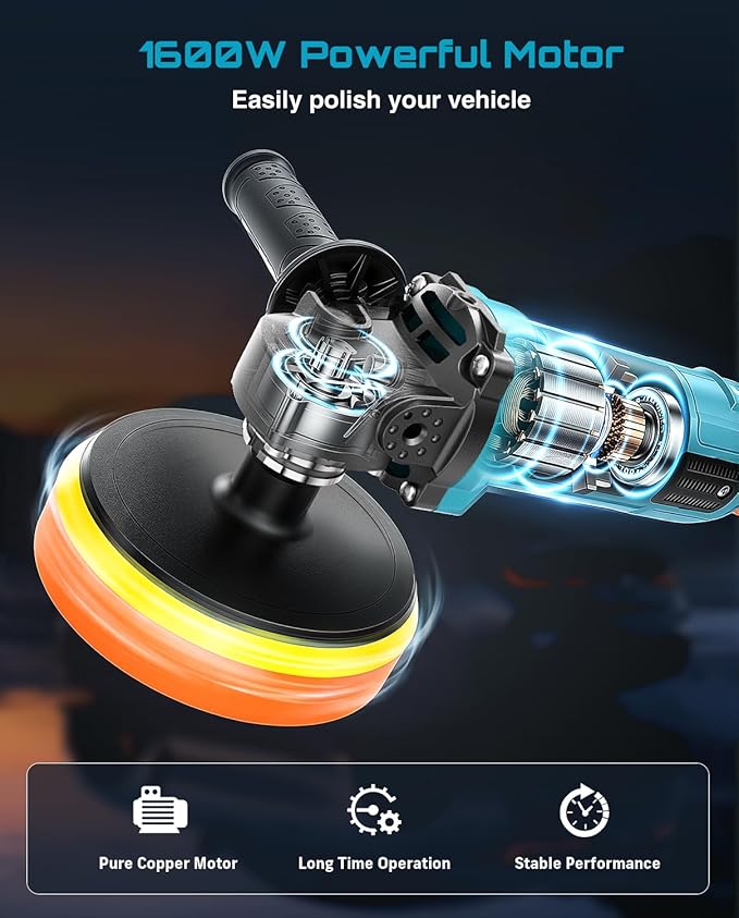 Seesii Car Buffer Polisher 1600W, 7"/6" Variable Speed 2056-3600 RPM Rotary Polisher with Copper Motor & Detachable Handles, Ideal for DIY Detailers, Auto Detailing Hobbyists, Scratch Removal & Waxing