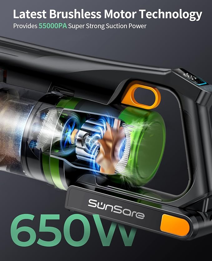 SunSare Cordless Vacuum Cleaner, 650W 55KPA 70Mins Vacuum Cleaners for Home, Stick Vacuum with Aromatherapy, Anti-Tangle Brush, Anti-Tangle Wireless Vacumm for Home/Pet Hair/Carpets/Floors