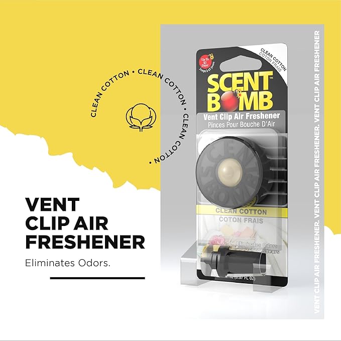 Scent Bomb Air Freshener Bundle - 1 oz & 8 oz Bottle Sprays, Vent Clip, Organic Cans, Hanging Circle - Continuous Freshness & Long-Lasting Odor Eliminator for Car, Home, Bathroom - Clean Cotton
