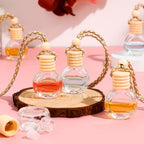 Inbagi 60 Pcs 8ml Hanging Car Air Freshener Diffuser Bulk Empty Refillable Clear Glass Bottle Essential Oil Bottle Pendant with Wooden Caps for Fragrance Aromatherapy Perfume Auto Interior Ornament
