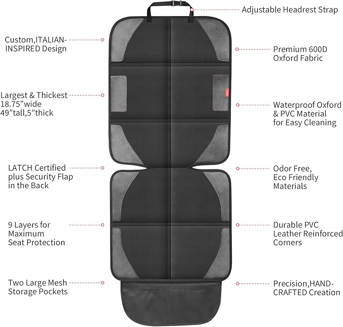 Car Seat Protector with Thickest Padding,Waterproof 600D with Storage Pockets,Non-Slip Pets Fabric Child Baby Cover Leather Reinforced Vehicle Seat 1 Pack (Black)