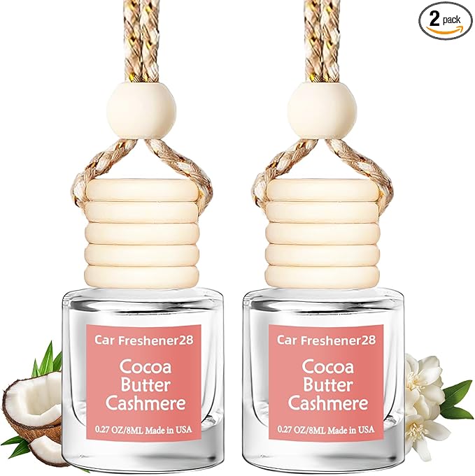 Hanging Car Air Freshener, Long Lasting Essential Oil Diffuser, Non-Toxic Cocoa Butter Cashmere Scent, Cute Car Fresheners for Women, 2 Pack Made in USA