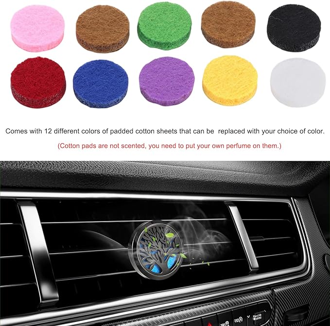 2PCS 30mm Car Diffuser Vent Clips, Tree of Life Aromatherapy Essential Oil Diffuser Locket with 12 Felt Pads, Stainless Steel Car Diffuser Locket Air Freshener (Black)