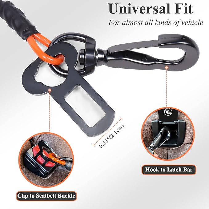 VIVAGLORY Dog Seat Belt Tuffbelt Dog Car Harness, Seatbelt with Clip & Hook for Car Travel, Chew Proof Anti Chew Unchewable Metal Safety Tether Restraint, M, Orange