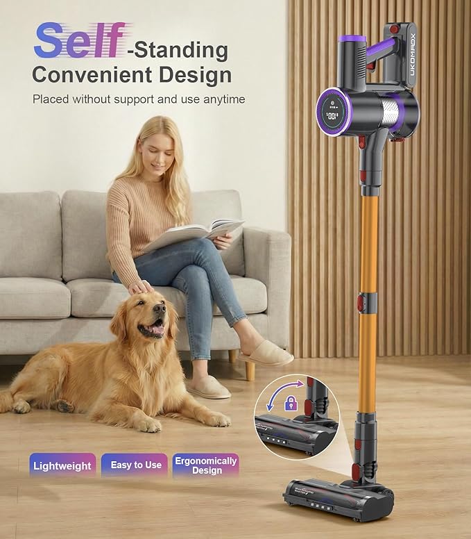 Cordless Vacuum Cleaner, 550W 50KPa 45Mins Vacuum Cleaners for Home, Self-Standing Stick Vacuum with Anti-Tangle Brush & LED Display for Hardwood Floors, Carpet, Pet Hair, Car