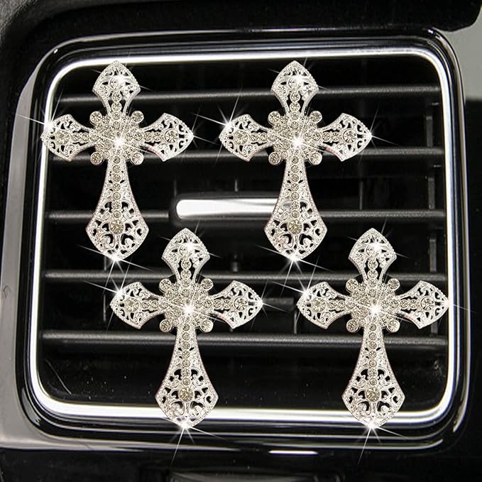 Bling Cross Air Vent Clips, 4 Pcs Crystal Cross Car Air Fresheners Vent Clips Car Diffuser Vent Clip Rhinestone Diamond Cross Decoration Interior Decor Bling Accessories for Women