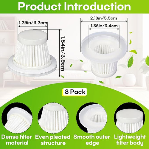 8-Pack HEPA Vacuum Filter Replacement with Cleaning Brush Compatible with KMM LT-117C Handheld Car Vacuum Cleaner, Washable & Reusable