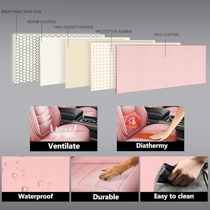 Full Coverage Faux Leather Car Seat Covers Full Set,Automotive Seat Covers for Cars,SUVs Pick-up Truck, Car Seat Cushion, Pink Seat Covers for 5 Seats,Car Seat Protector