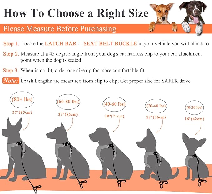 VIVAGLORY Dog Seat Belt Tuffbelt Dog Car Harness, Seatbelt with Clip & Hook for Car Travel, Chew Proof Anti Chew Unchewable Metal Safety Tether Restraint, M, Orange