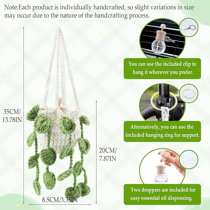 Crochet Car Air Freshener, Cute Crochet Plant for Rear View Mirror, Handmade Car Mirror Hanging Accessories, Plant Botanical Fern Leaf Design with 10ml Refillable Glass Essential Oil Bottle for Home