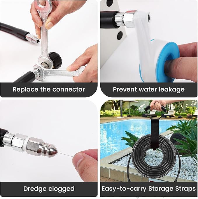 100FT Sewer Jetter Kit for Pressure Washer, 5800 PSI Water Jet Drain Cleaner Hose Corner Rotating Button Nose Sewer Jetting Nozzle 1/4 Inch NPT, Sewer Jetter Nozzles Kit with Spanner Handle Strap
