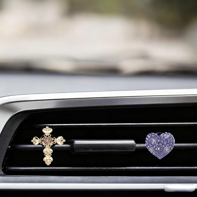 2PCS Bling Car Vent Clip Car Accessories, Crystal Rhinestone Cross and Heart Car Air Fresheners Vent Clips, Diamond Auto Air Conditioner Outlet Decoration Charm for Women