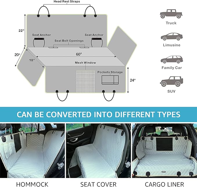 Lassie XL Truck Dog Seat Cover Back Seat with 2 Seat Belts, Dog Car Hammock for Large SUV and Trucks Compatible with F150 F250/Chevrolet Silverado/Ram Pickup/GMC Sierra/Toyota Tundra and Crew Cab