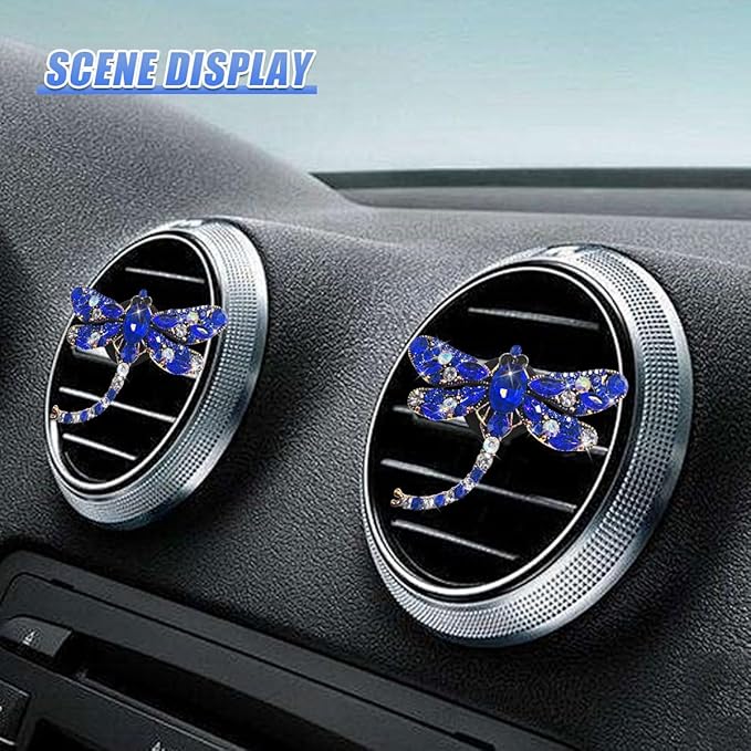 2PCS Bling Dragonfly Car Air Vent Clips, Crystal Rhinestone Car Air Conditioning Outlet Clip, Universal Cute Vehicle Interior Diffuser Decoration Accessories for Women(Blue)