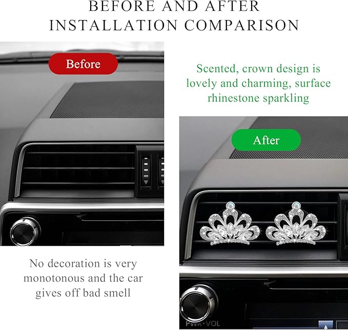 2 PCS Bling Car Air Vent Clips, Crystal Rhinestone Crown Vent Decorative Air Freshener Clips, Sparkly Diamond A/C Outlet Aroma Diffuser Clip for Vehicles, Car Accessories (White)
