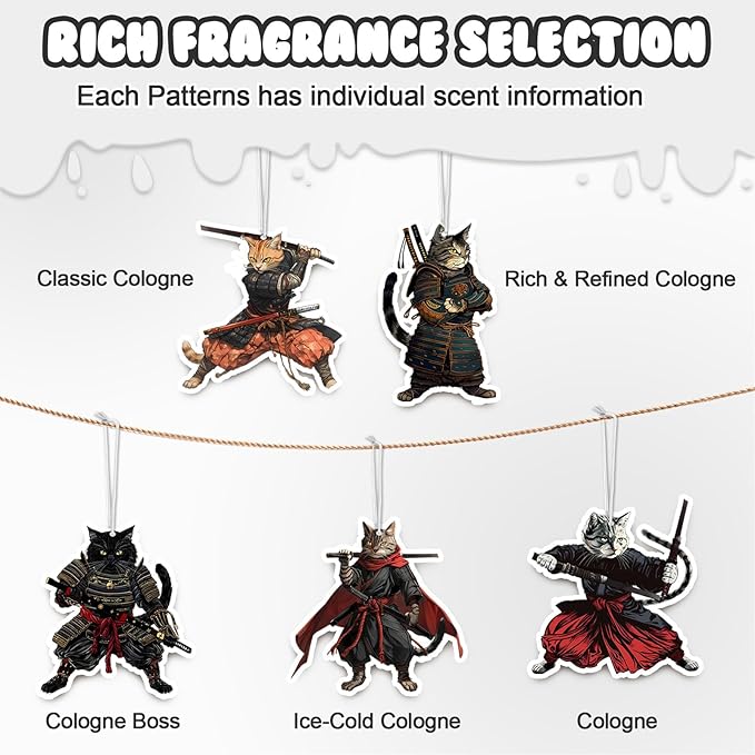 Samurai Cat Car Air Fresheners,5-Pack Cologne Scents Cute Car Accessories,Funny Hanging Ornament Decor for Rearview Mirror,Long-Lasting Fresh Gifts for Women,Girls,Cat Lovers