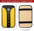 Bling Leather Car Center Console Cover, Anti-Slip Crown Armrest Seat Box Cushion Pad with Rhinestones, Waterproof Crystal Arm Rest Protector Interior Decor for Most Vehicles (Yellow)