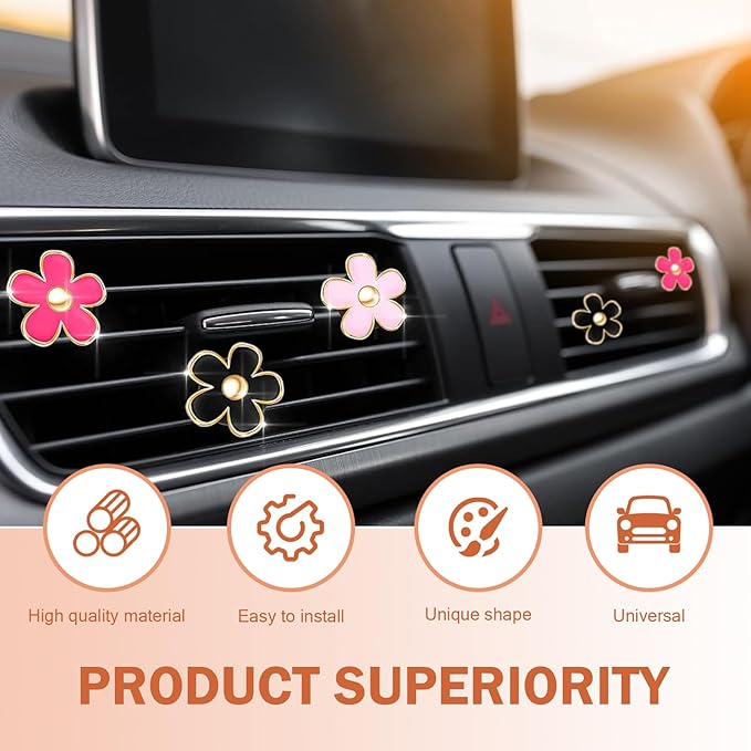 6PCS Car Air Vent Clip, Cute Daisy Air Conditioning Outlet Clip, Car Flower Air Freshener Clip, Auto Interior Decor Accessories for Women and Girls (Rose red-Pink-Black, 6PCS)