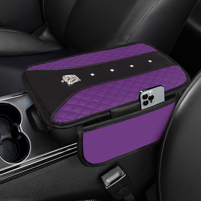 NBTEPEM Bling Crown Car Center Console Armrest Cover, Leather Middle Console Cover Cushion with 2 Storage Bags, Car Armrest Storage Box Interior Accessories for Most Vehicles(Purple)