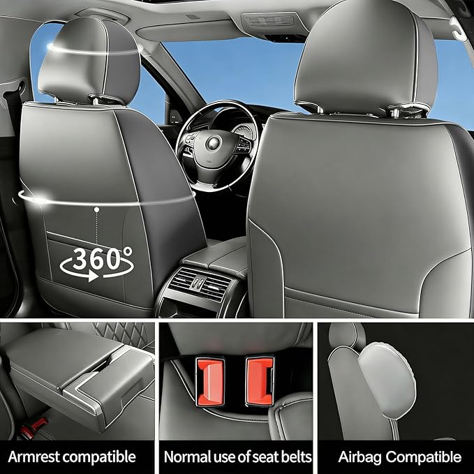 Fit Ioniq Car Seat Covers for Hyundai Ioniq 2017-2026 - Premium Leather, Waterproof, All-Weather, Airbag Compatible, Anti-Slip, Breathable, Easy Install, Seat Protectors, Full Set, Gray