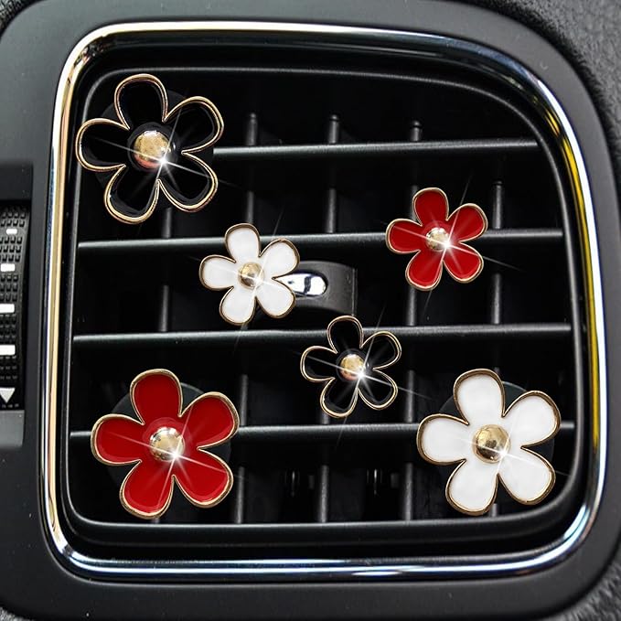 Daisy Air Vent Clips, 6 Pcs Cute Flower Car AC Outlet Clip - Colorful Car Interior Decor Charm (Black, White, Red)