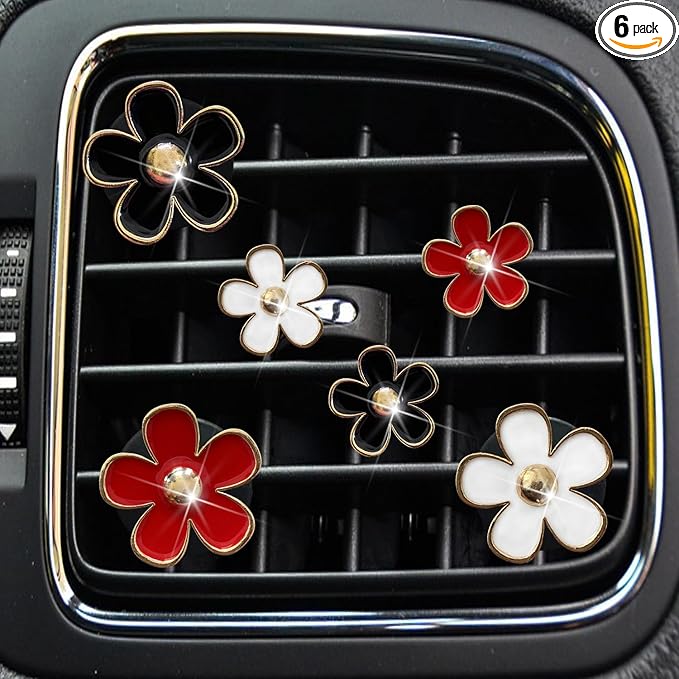 Daisy Air Vent Clips, 6 Pcs Cute Flower Car AC Outlet Clip - Colorful Car Interior Decor Charm (Black, White, Red)