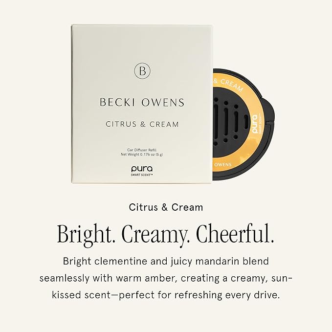 Pura and Becki Owens Car Scent Refill for Pura Car Diffusers - Premium Fragrance for Smart Diffuser - Up to 30 Days of Scent - Citrus & Cream