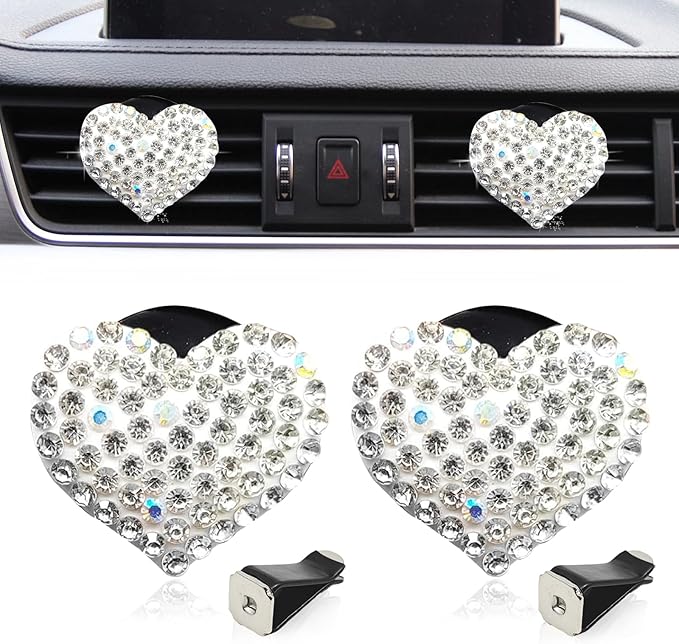 2 Pieces Bling Crystal Heart Car Vent Clips Sparkling Air Freshener and Decorative Accessories for Women Men SUV Truck (White)