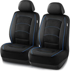 Road Comforts Car Seat Covers, Leather Front Seat Covers with Piping, Air-Cool Mesh Designed, Airbag Compatible Automotive Seat Covers for Most Car, Truck, Van, SUV - Black with Blue Piping
