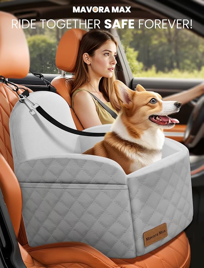 Dog Car Seat for Small/Medium Dogs, Elevated Dog Booster Seat Memory Foam Puppy Car Seat with Washable Cover, Travel Safety Pet Seat for Car with Storage Pockets Up to 35 lbs (Grey)