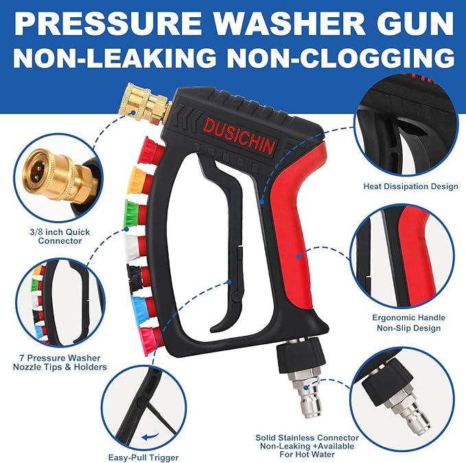 DUSICHIN Short Pressure Washer Wand High Spray Swivel Gun 7 Nozzle Tips 4000 PSI, Pressure Washer Attachment 1/4" Quick Connector Outlet,M22-14mm M22-15mm 3/8" INLET, Not for Garden Hose DUS2911