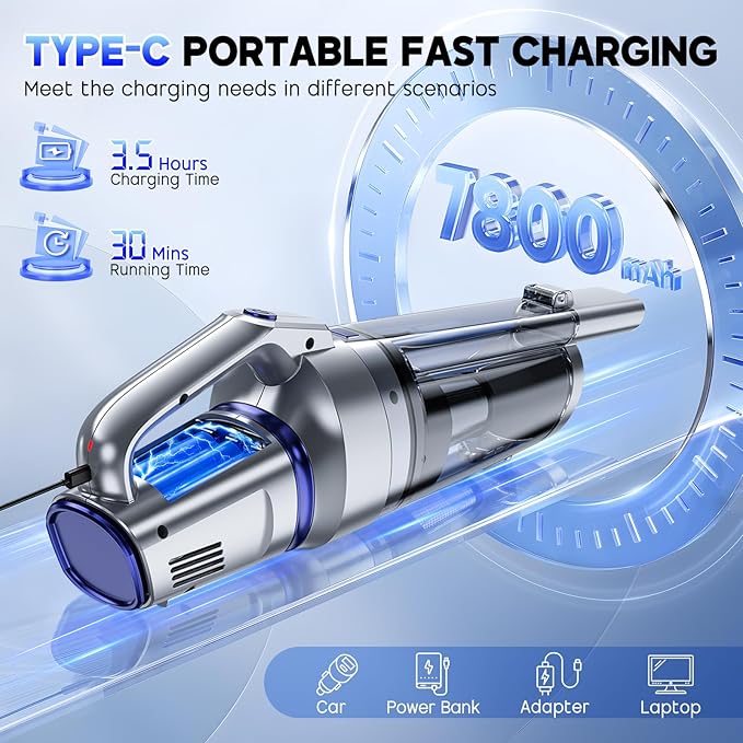 Handheld Vacuum Cordless, 16000PA Strong Suction Hand Held Car Vacuum Cleaner, Portable Hand Vacuum Rechargeable with Multi-Nozzles & LED Light for Home, Car, Office, Pets
