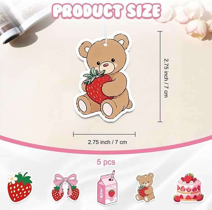 Strawberry Car Air Fresheners,5-Pack Candy Scents Cute Car Accessories,Funny Hanging Ornament Decor for Rearview Mirror,Long-Lasting Fresh Gifts for Women,Girls,Coworkers,Teacher & Nurse