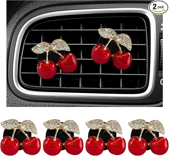 4PCS Cherry Car Air Vent Freshener Perfume Clip, Rhinestone Vehicle A/C Outlet Clips Bling Charm with Scented Pads, Sparkly Diamond Vent Clamp Cute Cherry Decoration for Women