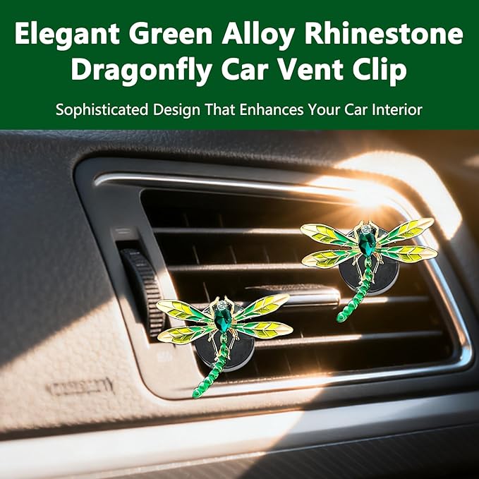 2Pcs Dragonfly Car Accessories Green Air Diffuser Vent Clips Cute Clip Decor for Vents Refillable Car Accessories Sparkly Glamorous Decoration for Interior Style