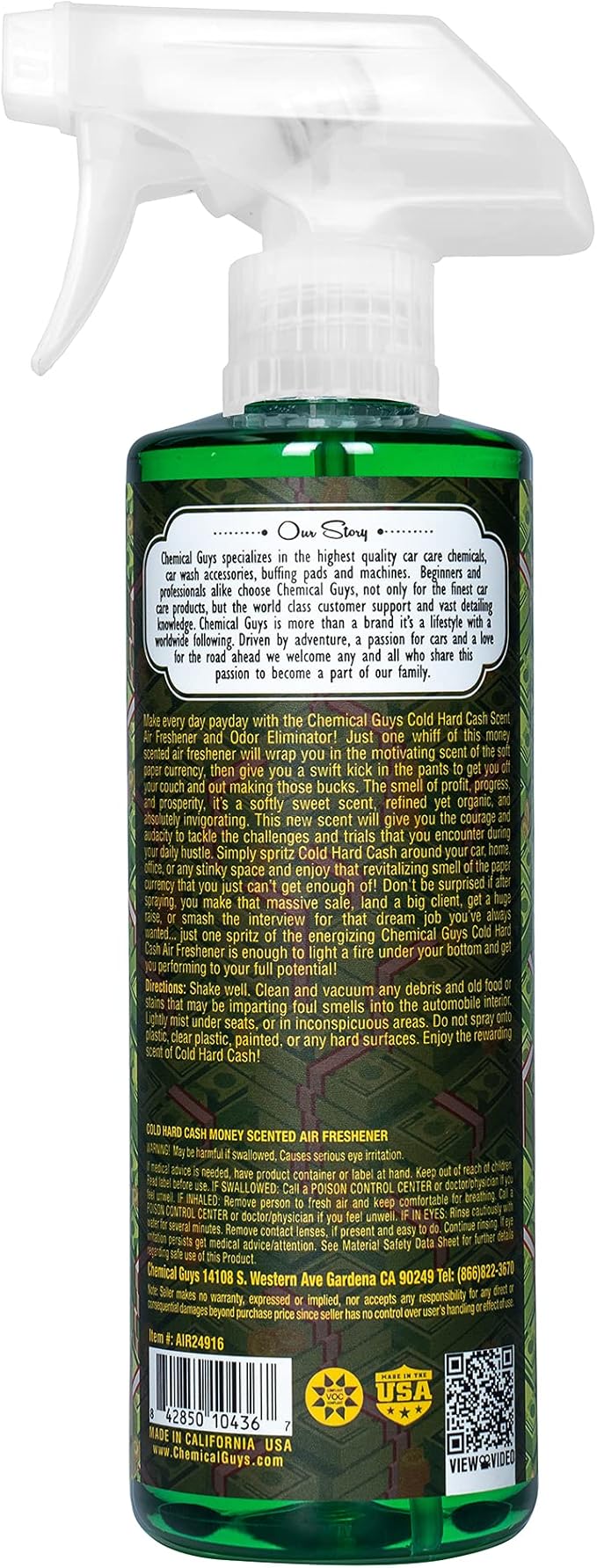 Chemical Guys ‎Cold Hard Cash, Money Scented Premium Air Freshener & Odor Eliminator, (for Cars, Trucks, SUVs, RVs, Home, Office, Dorm Room & More) 16 Fl Oz