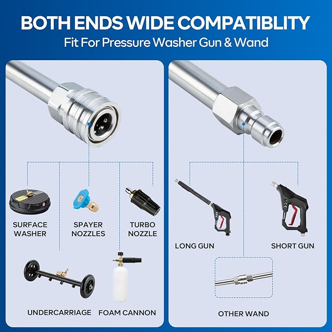 Pressure Washer Extension Wand, Power Washer Wand Extension, Stainless Steel Lance 1/4 Inch Quick Connect to M22, 17 Inch Extension Wand and 30 Degree Curved Angled Extension Wand, 2 Pack