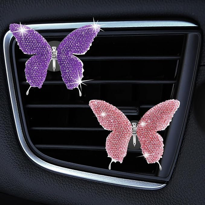 Dotesy 2 Pack Bling Bling Butterfly Air Vent Clips Crystal Butterfly Car Air Fresheners Vent Clips Diamond Cute Car Interior Decor for Women (Pink)