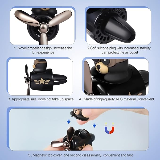 LUTER Bear Air Vent Clip, Bear Car Air Freshener Cute Car Diffuser Rotating Decorations Interior Aesthetic Car Air Freshener Propeller Vent Clip for Women Men
