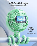 SWEETFULL Portable Stroller Fan with LED Display, 4 Speed Rechargeable Mini Clip On Fan, 360° Rotate Flexible Tripod Better Cooling Small Baby Fan for Car Seat Crib Travel Bike Treadmill (Green)
